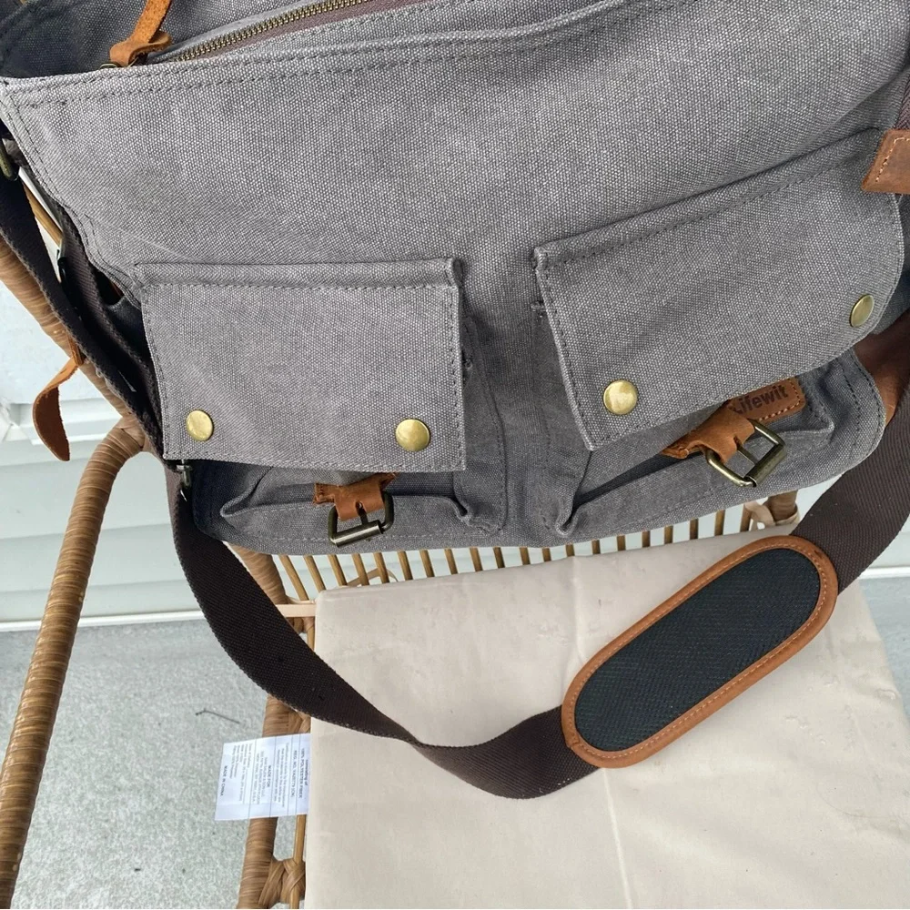 Lifewit Brown Canvas & Leather Satchel Messenger Cross Body Shoulder Bag Grey